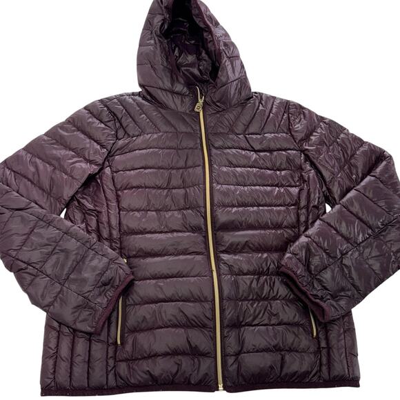 Michael Michael Kors Jacket Womens Large Burgundy Packable Down Puffer Hooded - Picture 1 of 10